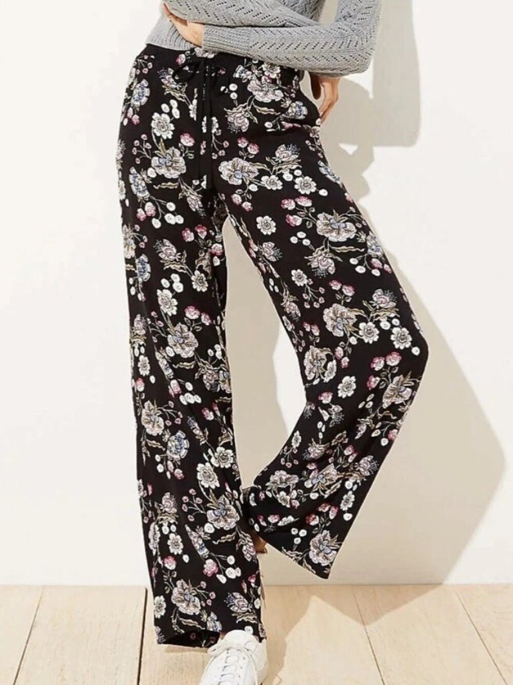 LOFT Floral Fluid Drawstring Women's Pants with Pockets Large EUC